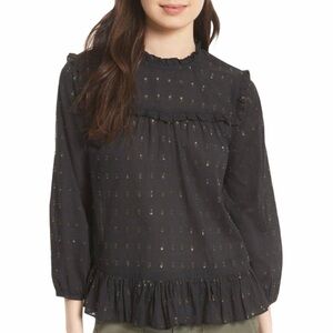 Joie Black & Metallic Ruffle Long Sleeve Gianella Blouse Semi Sheer Size S